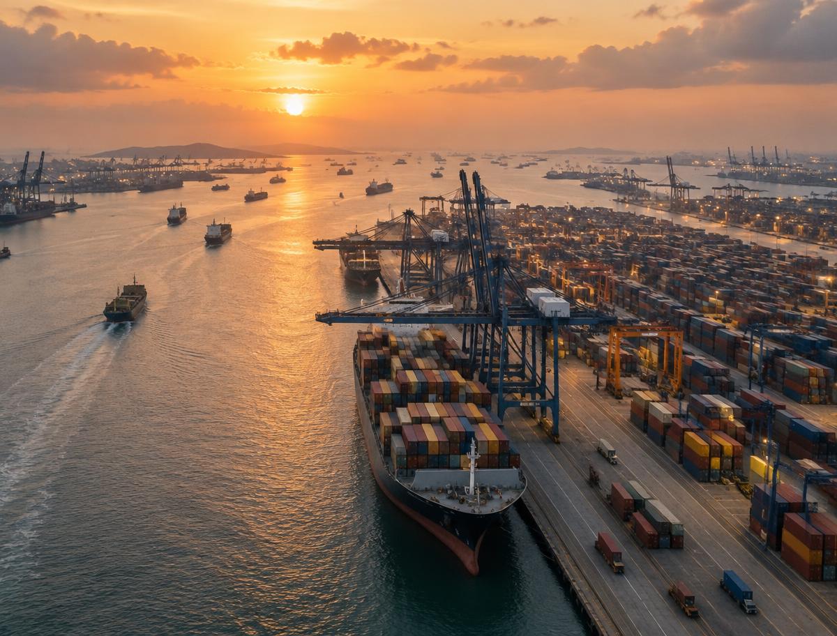 Aerial view of a global deep-water port terminal at sunset